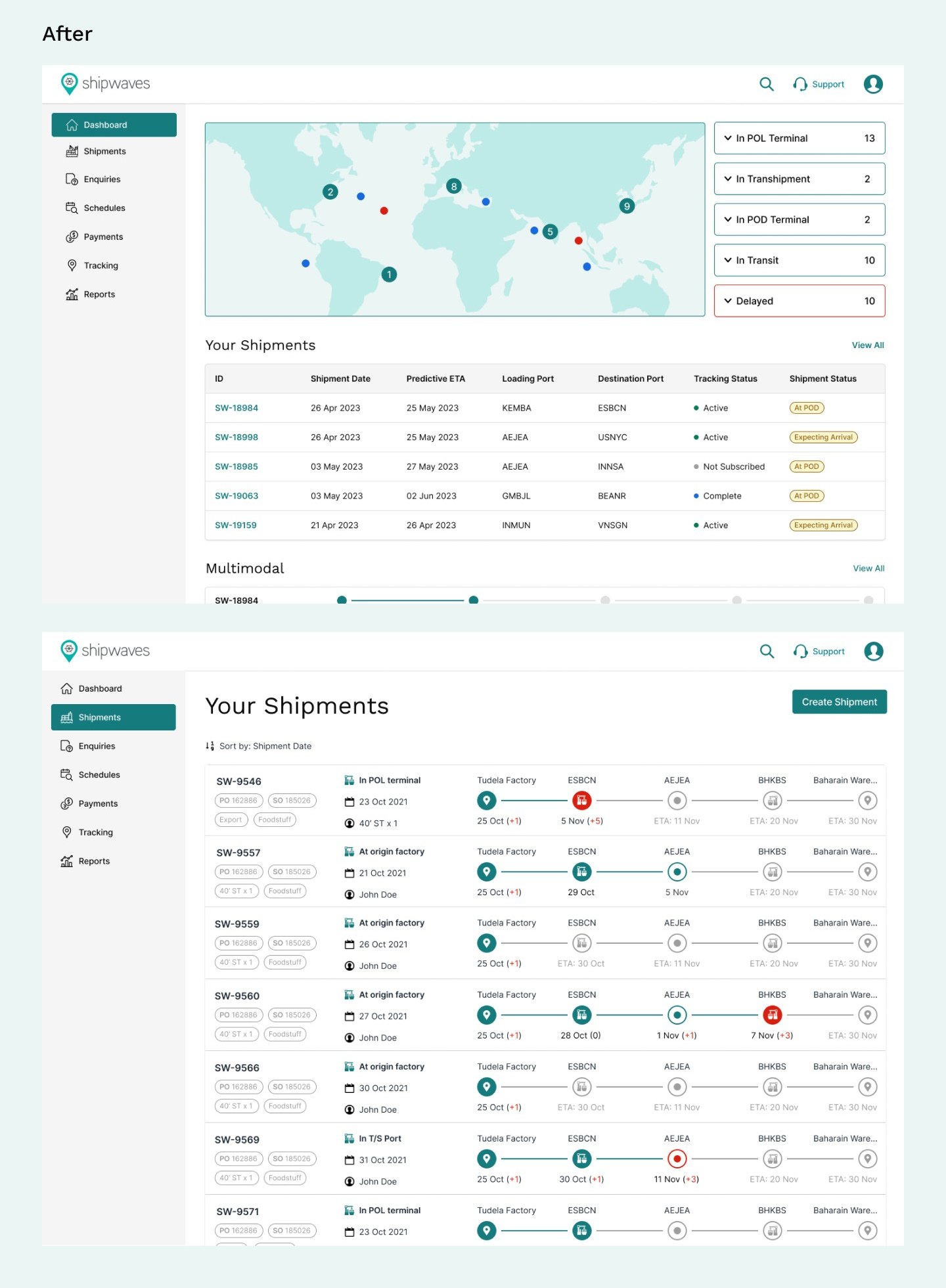 Dashboard and shipments screens rebuilt with the design system
