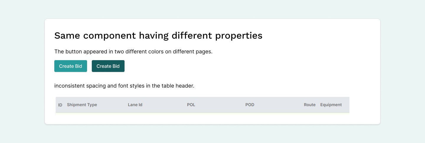 Audit findings: the same button in two colours, and inconsistent table header spacing