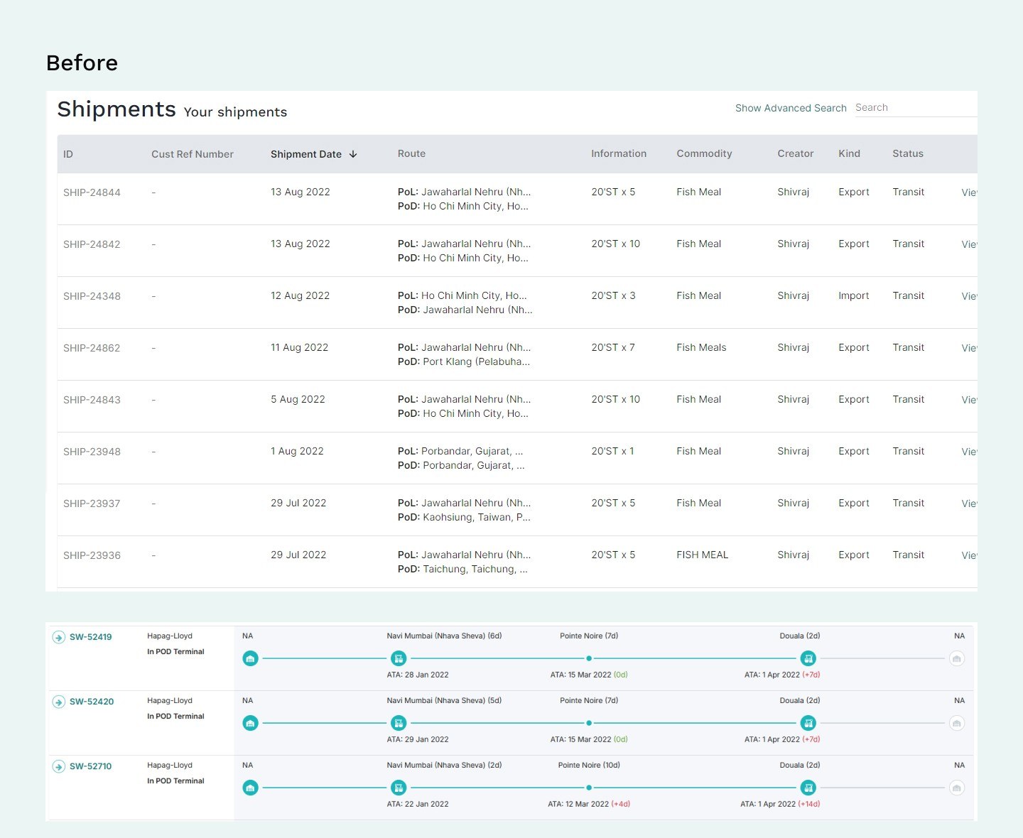 Shipments list and tracking screens before the design system