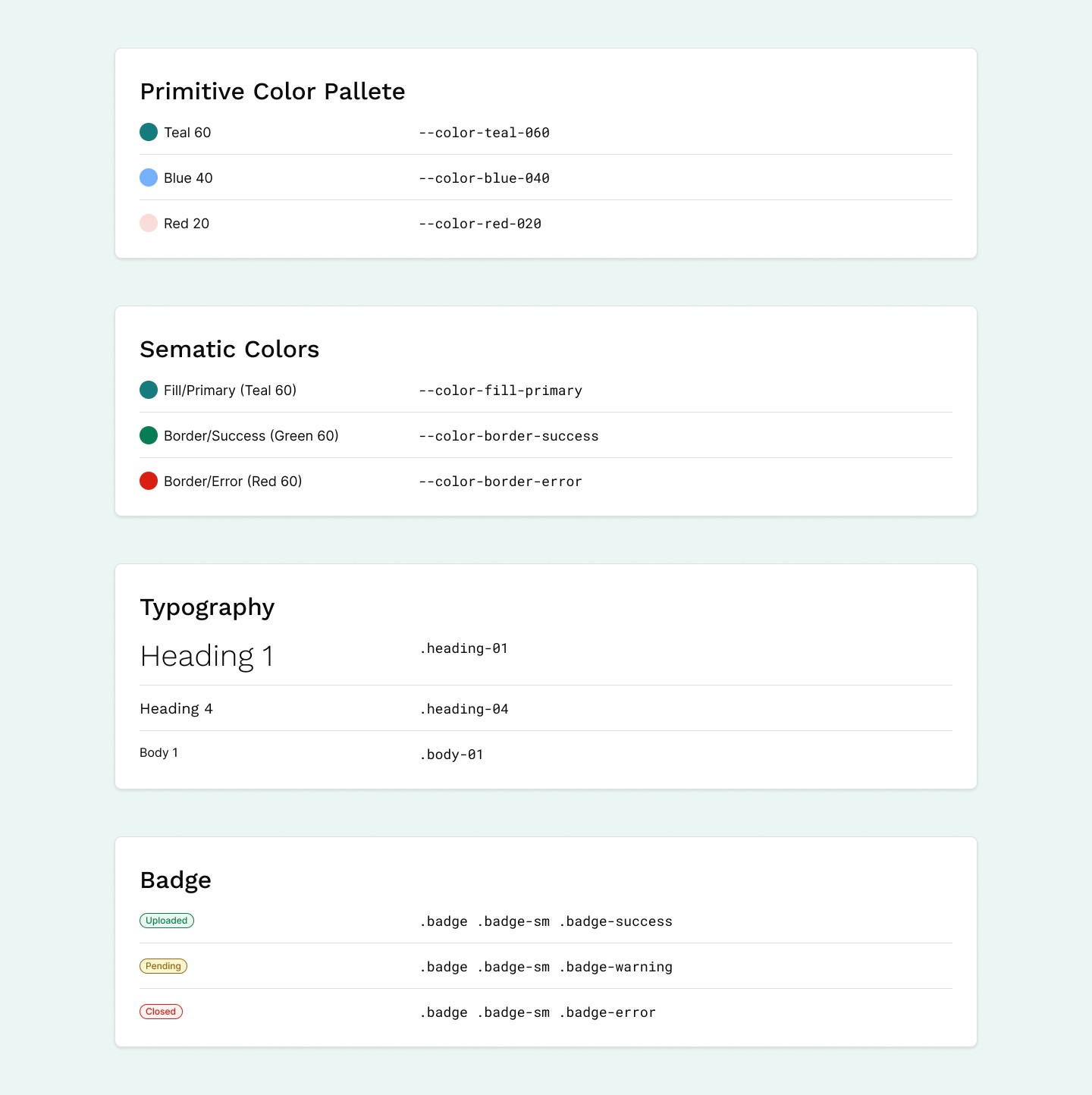 Primitive and semantic colour tokens, typography and badge classes documented in Figma